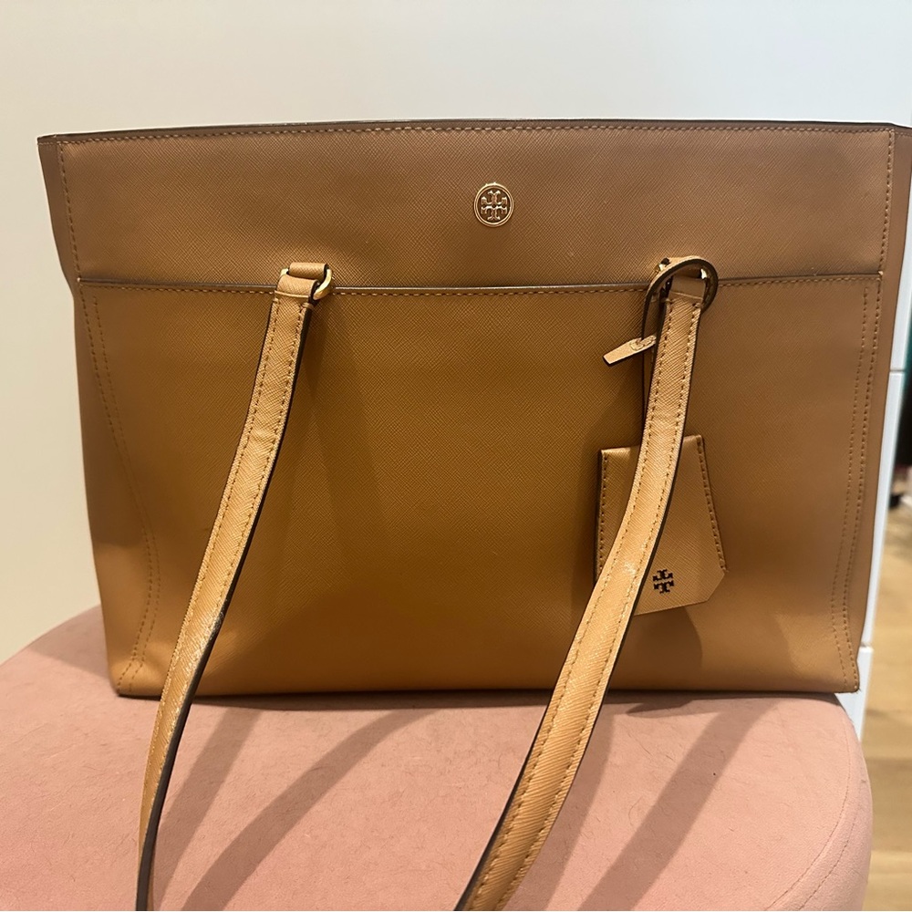 Tory Burch Tan Leather Tote with Gold Logo